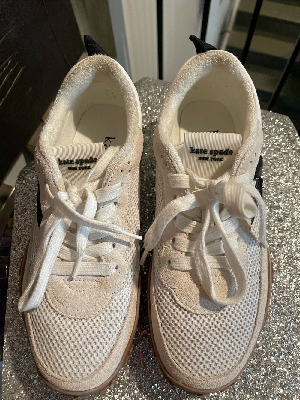 kate spade Cream & Black Mesh Suede Sneakers